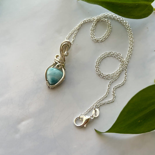 Dainty Larimar Heart & Sterling Silver Wrapped Pendant