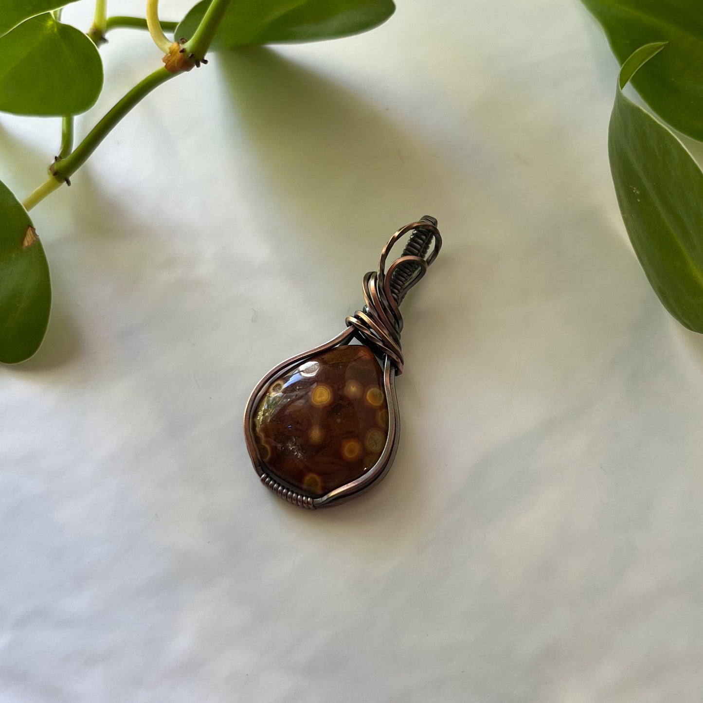 Ocean Jasper Wrapped Antiqued Copper Pendant