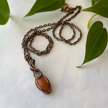 Load image into Gallery viewer, Moonstone &amp; Sunstone Antiqued Copper Wrapped Pendant
