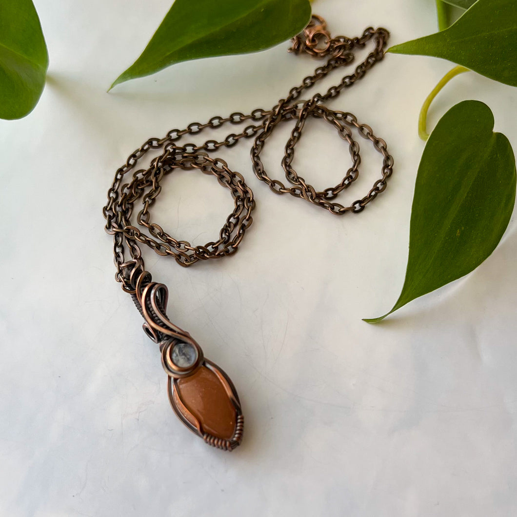 Moonstone & Sunstone Antiqued Copper Wrapped Pendant