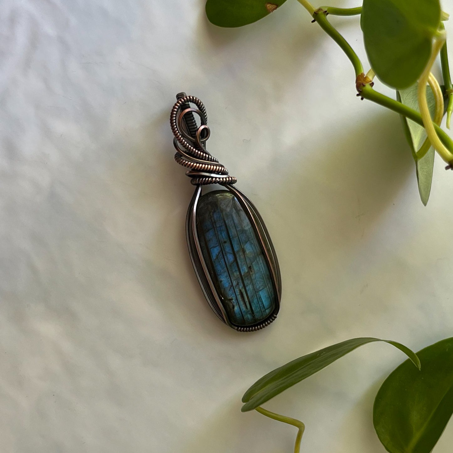 Labradorite Wrapped Antiqued Copper Pendant