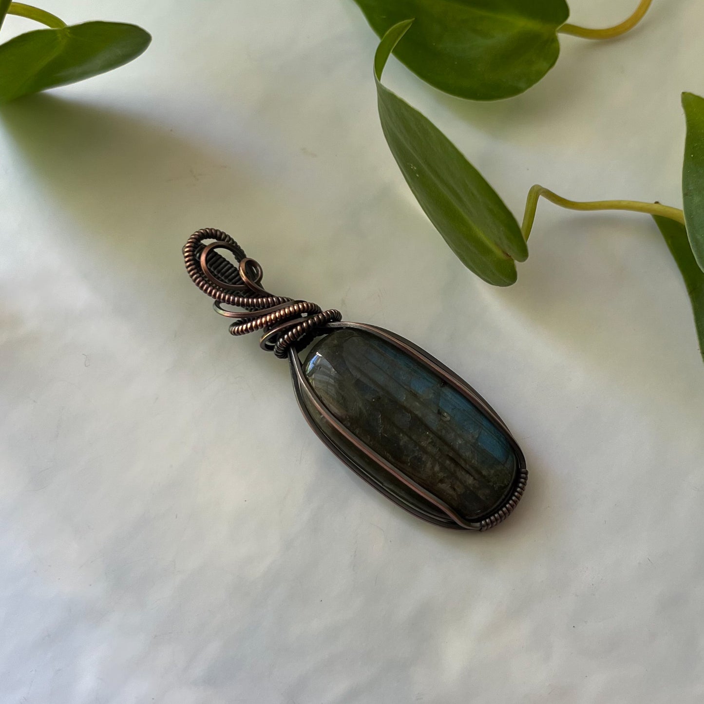 Labradorite Wrapped Antiqued Copper Pendant