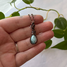 Load image into Gallery viewer, Tiny Larimar Teardrop &amp; Antiqued Copper Wrapped Pendant
