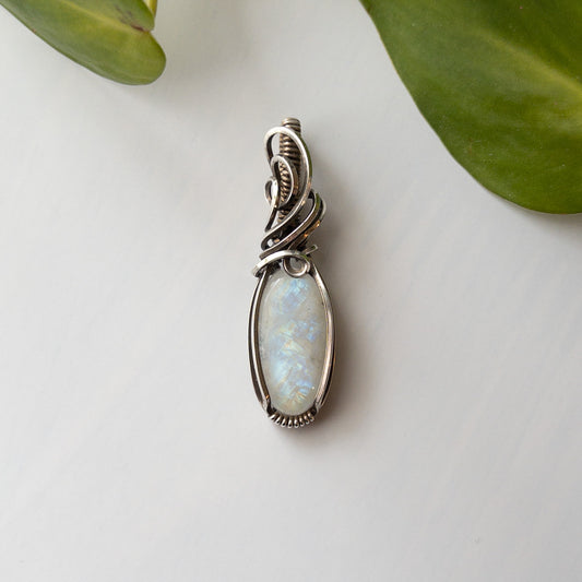 Rainbow Moonstone Sterling Silver Wrapped Pendant