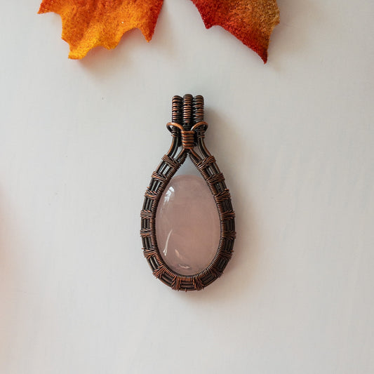 Rose Quartz Antiqued Copper Weave Pendant