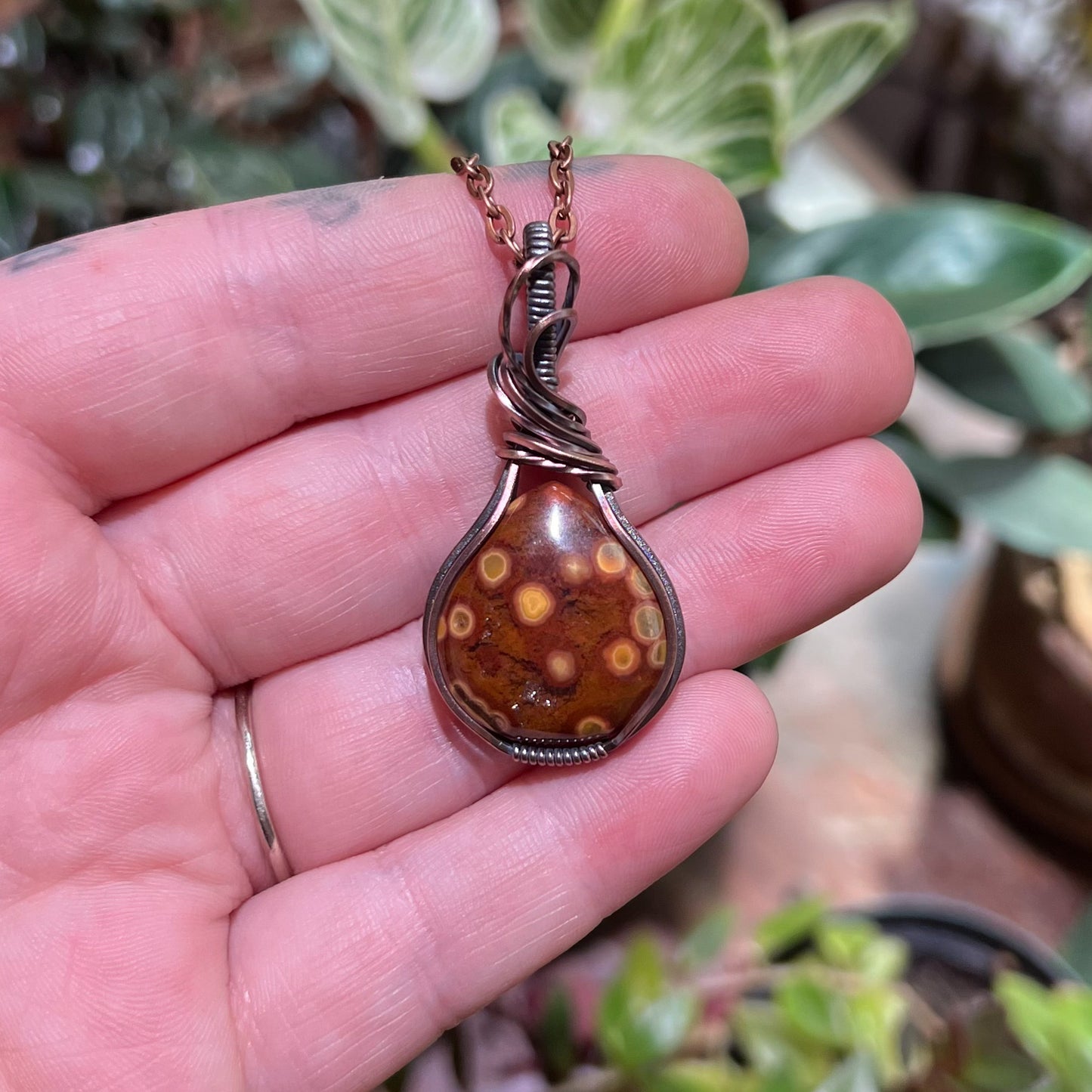 Ocean Jasper Wrapped Antiqued Copper Pendant