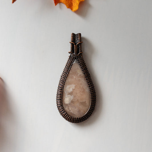 Flower Agate Antiqued Copper Weave Pendant