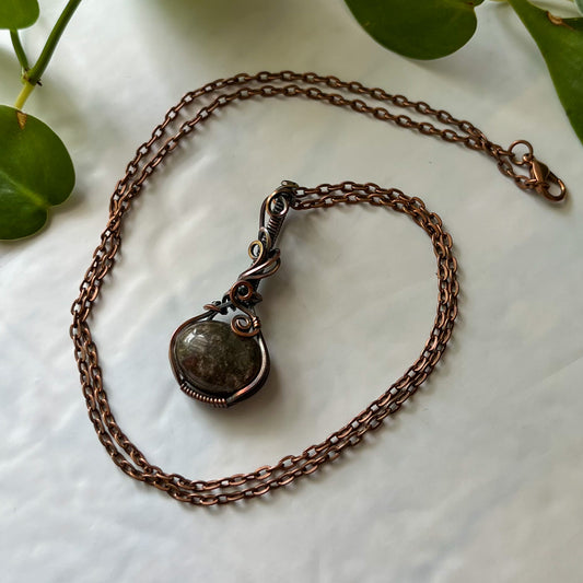 Garden Quartz Antiqued Copper Wrapped Pendant With Chain