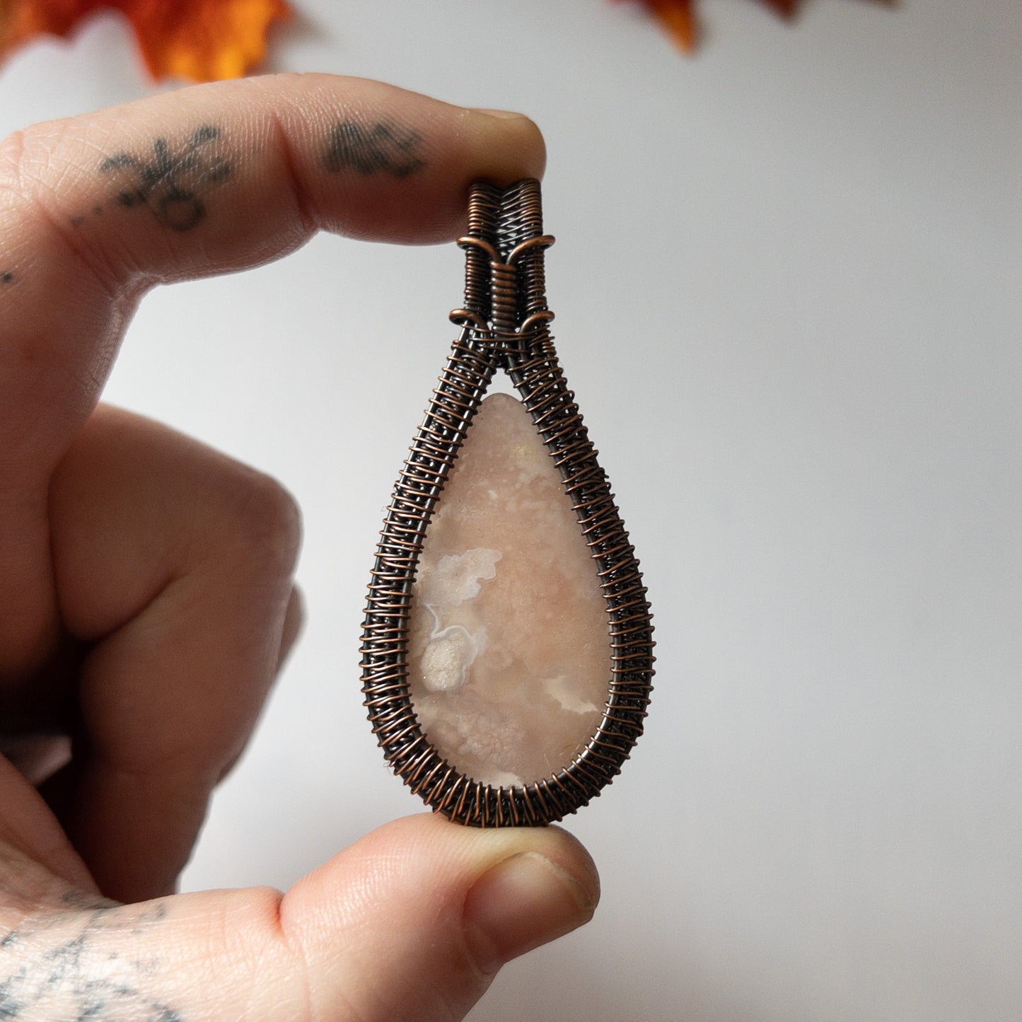 Flower Agate Antiqued Copper Weave Pendant