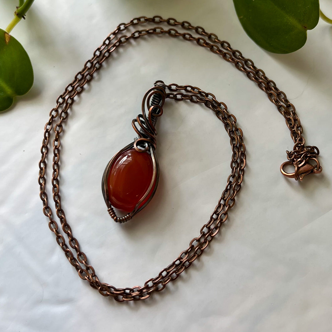 Carnelian Antiqued Copper Wrapped Pendant With Chain