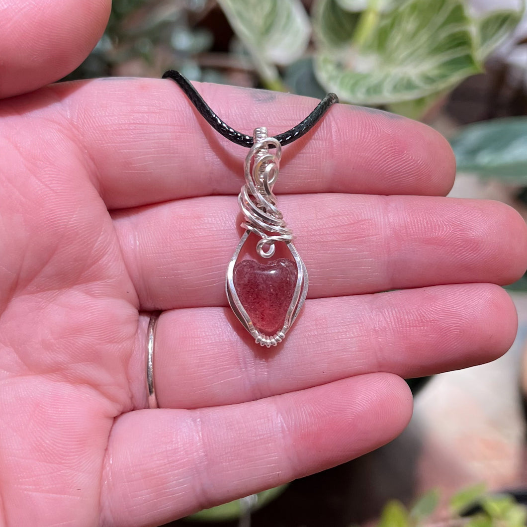 Strawberry Quartz Heart Wrapped Sterling Silver Pendant