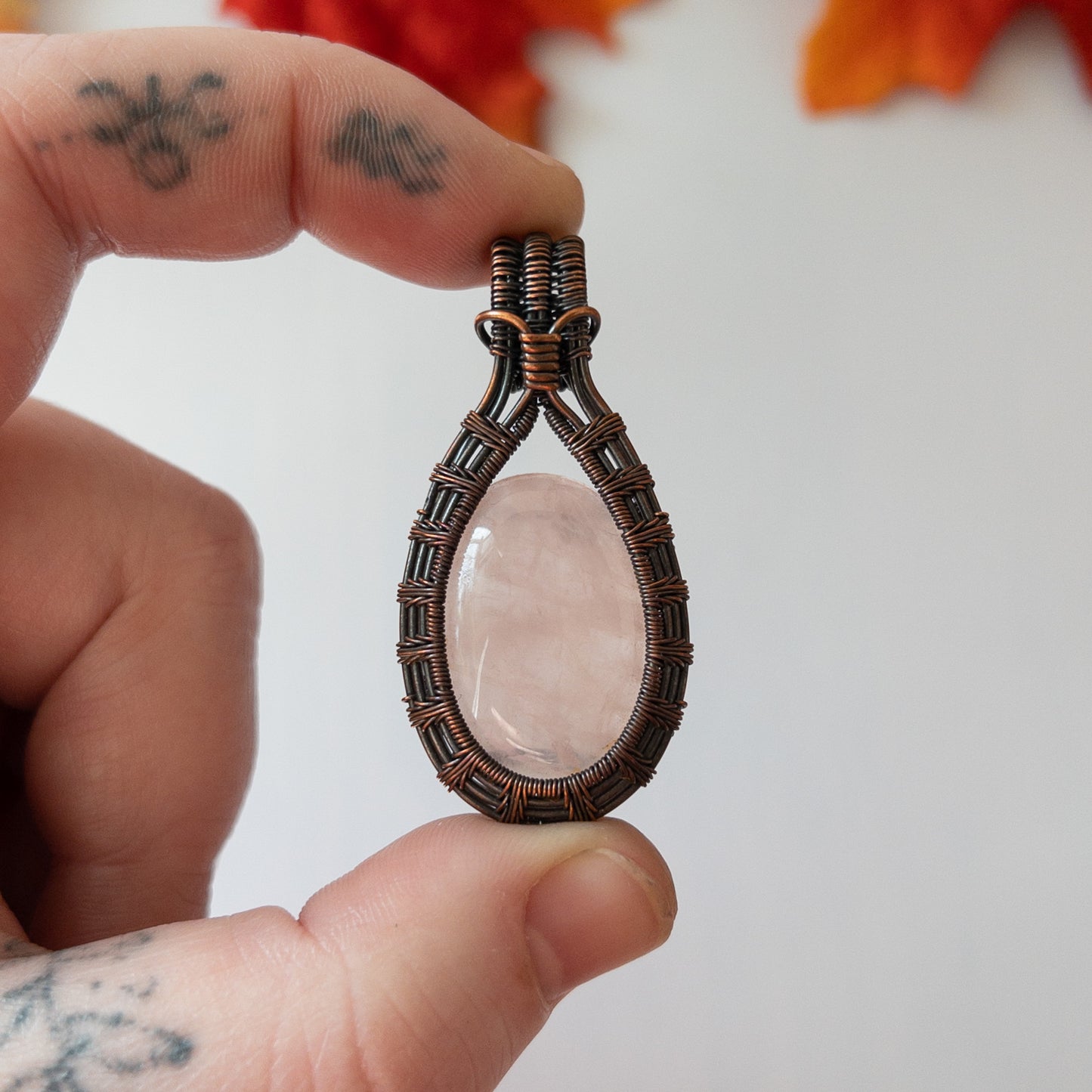 Rose Quartz Antiqued Copper Weave Pendant