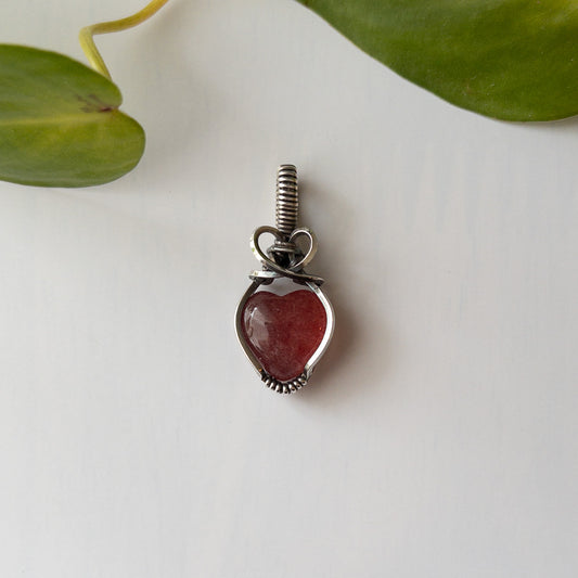 Strawberry Quartz Heart Sterling Silver Wrapped Pendant