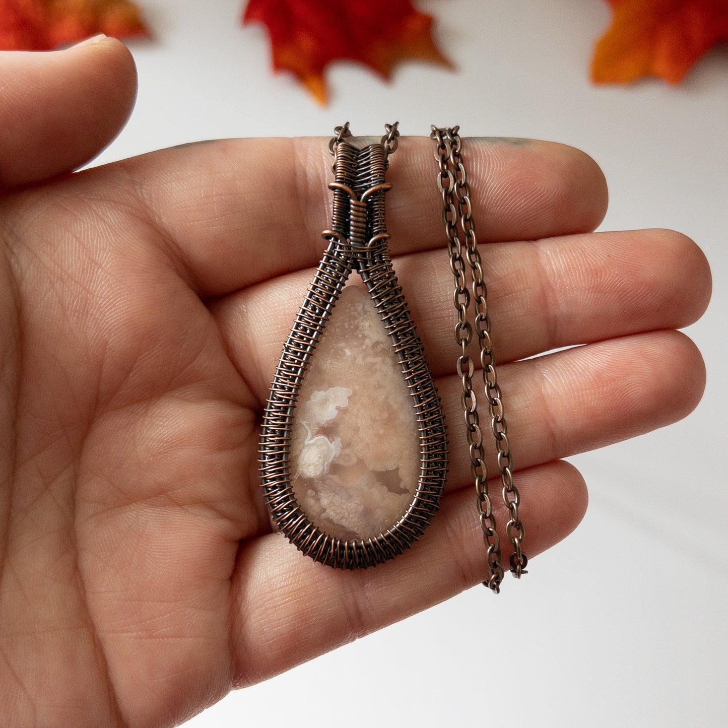 Flower Agate Antiqued Copper Weave Pendant