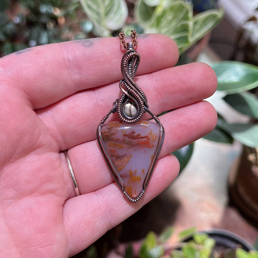 Plume Agate & Labradorite Wrapped Antiqued Copper Pendant