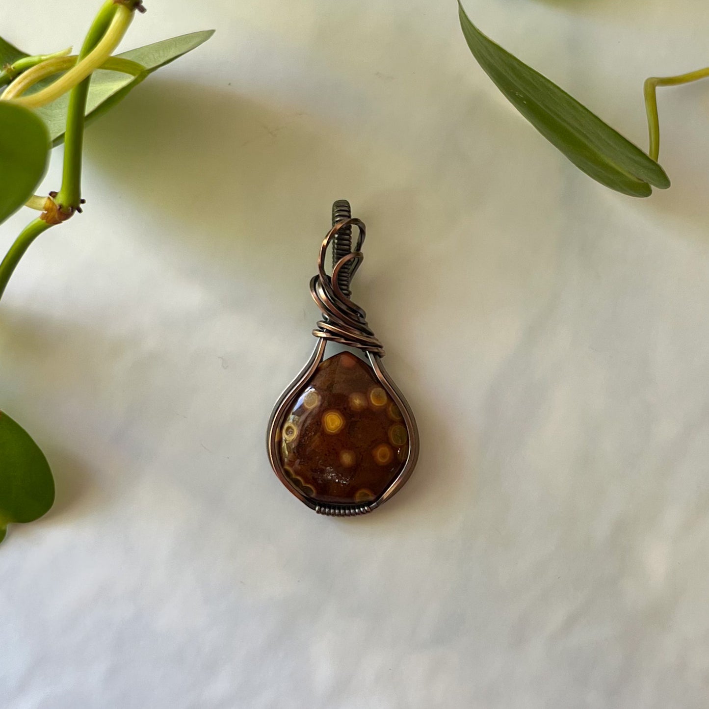 Ocean Jasper Wrapped Antiqued Copper Pendant