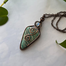 Load image into Gallery viewer, Moonstone &amp; Amazonite Antiqued Copper Wrapped Pendant
