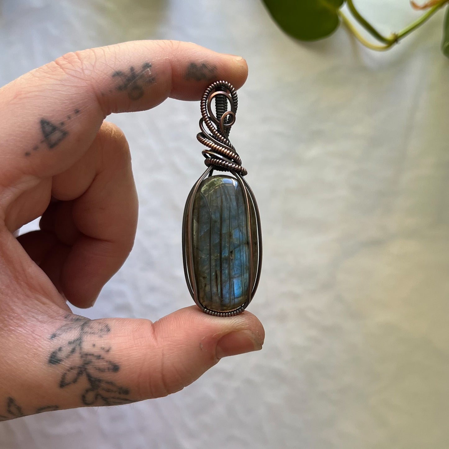 Labradorite Wrapped Antiqued Copper Pendant