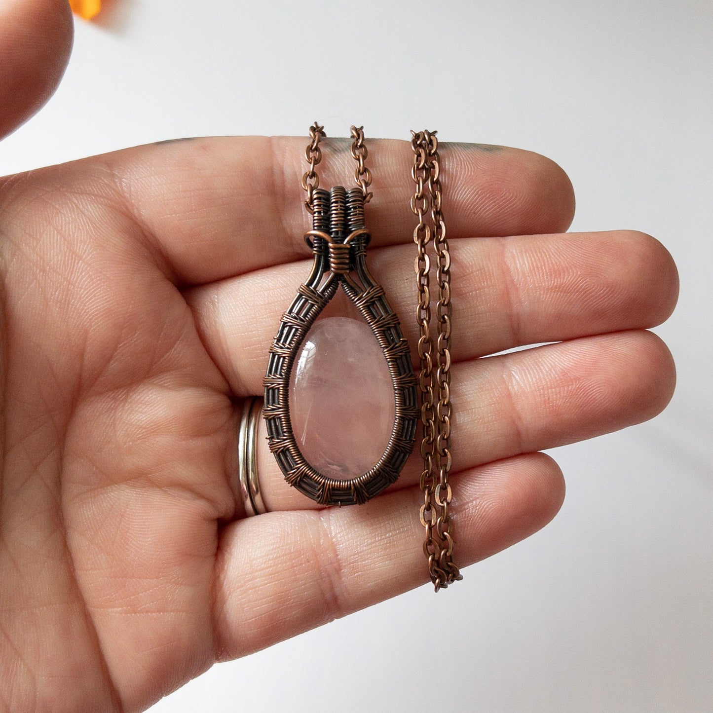 Rose Quartz Antiqued Copper Weave Pendant