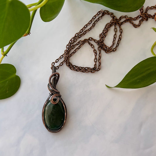 Green India Agate & Antiqued Copper Wrapped Pendant