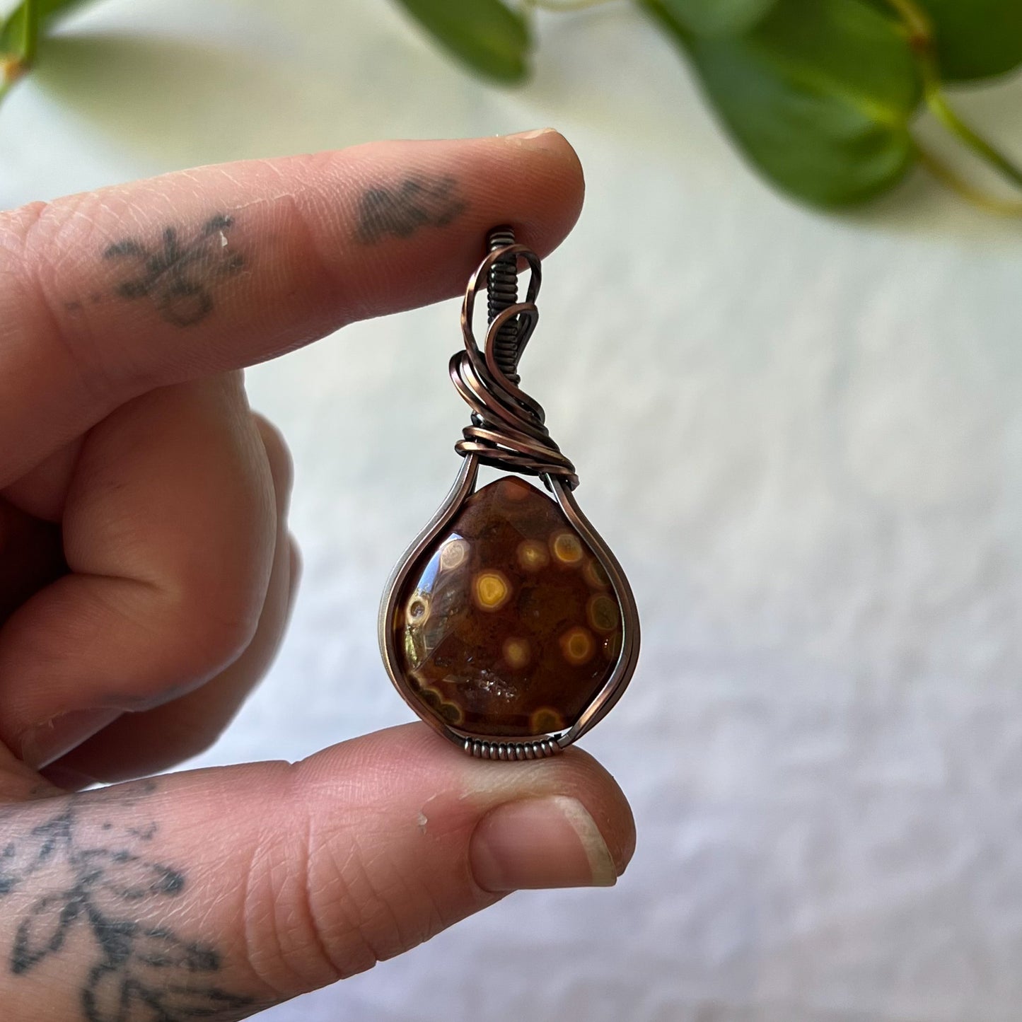 Ocean Jasper Wrapped Antiqued Copper Pendant