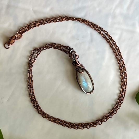 Dainty Moonstone Antiqued Copper Wrapped Pendant With Chain