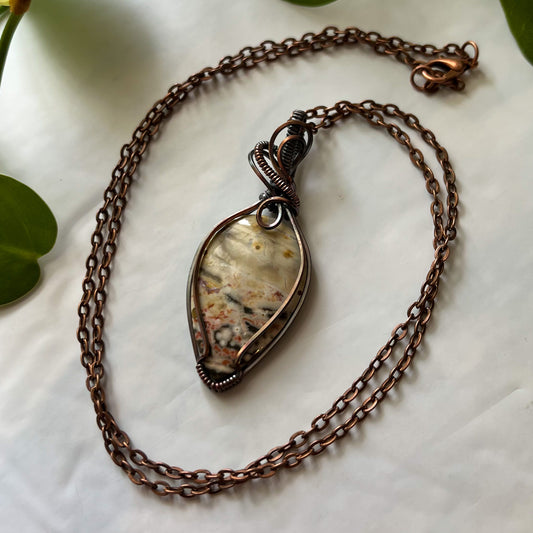 Ocean Jasper Antiqued Copper Wrapped Pendant With Chain